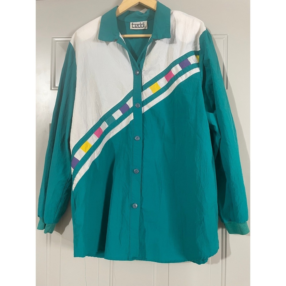Teddi‎ Button Down Shirt Women Size L Teal White Good Vintage 80s Colorblock